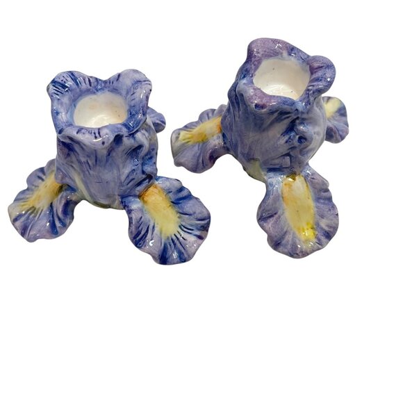 Vintage Ceramic Iris Flower Candle Holders Hand-Painted Purple & Yellow Floral D - Picture 2 of 11